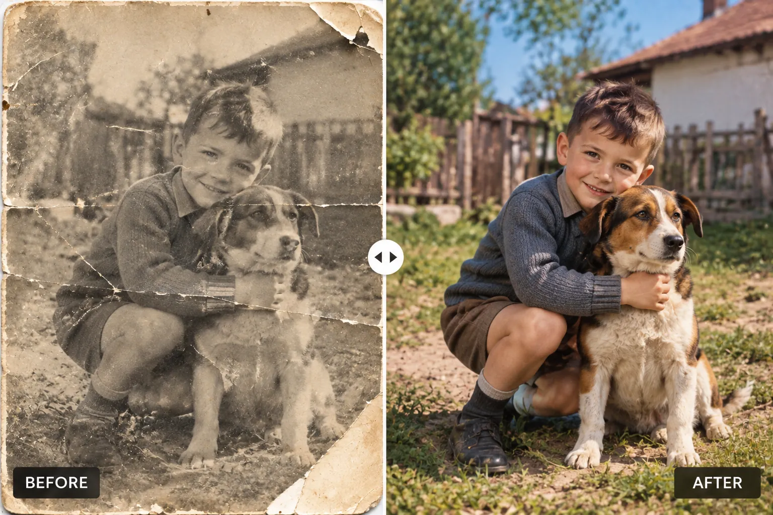 A torn photo of a boy hugging a dog in a yard next to the restored colour version