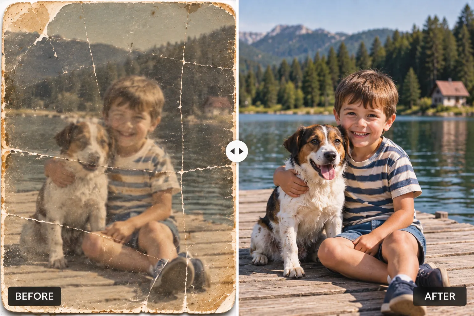 A cracked photo of a boy hugging his dog by a lake next to the restored version