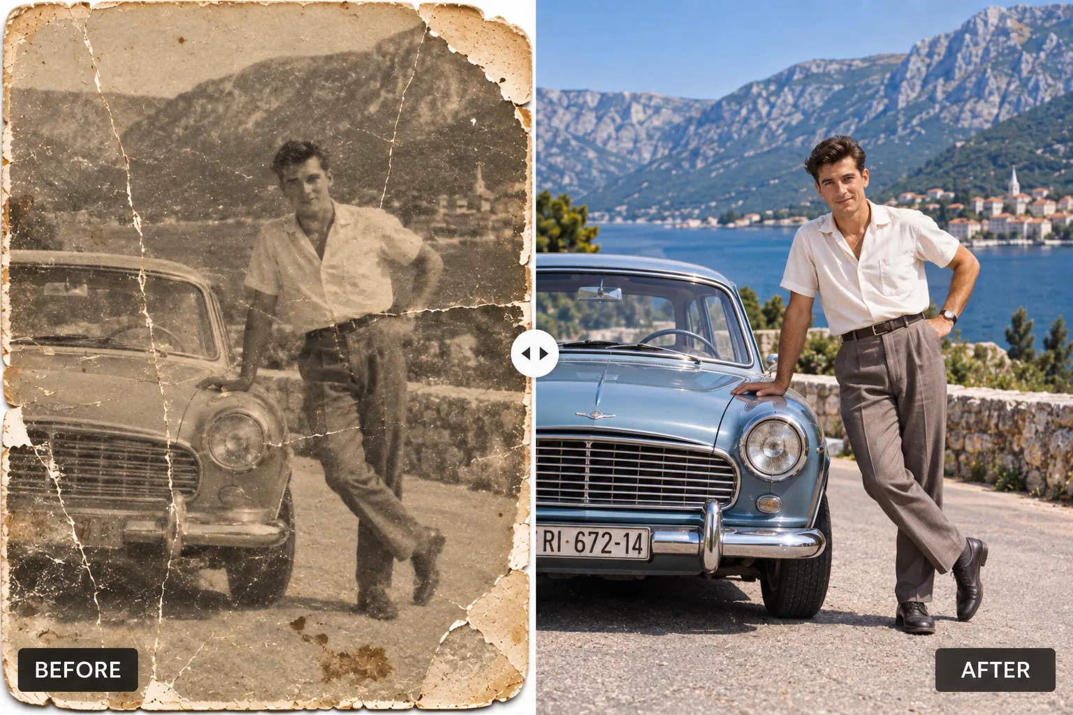 A cracked photo of a young man leaning on a car by the sea next to the restored colour version