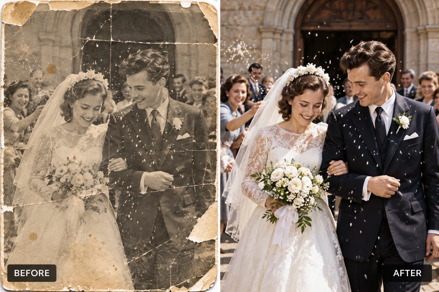 A damaged wedding photo with confetti next to the restored version