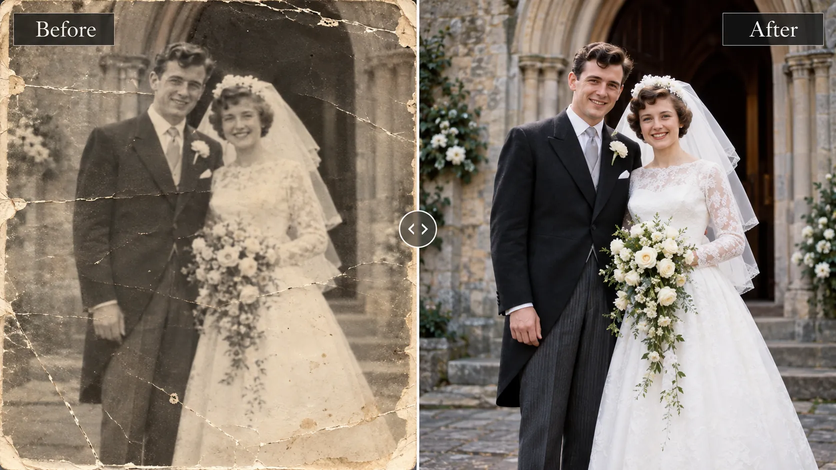 A torn black and white wedding portrait next to the restored colour version