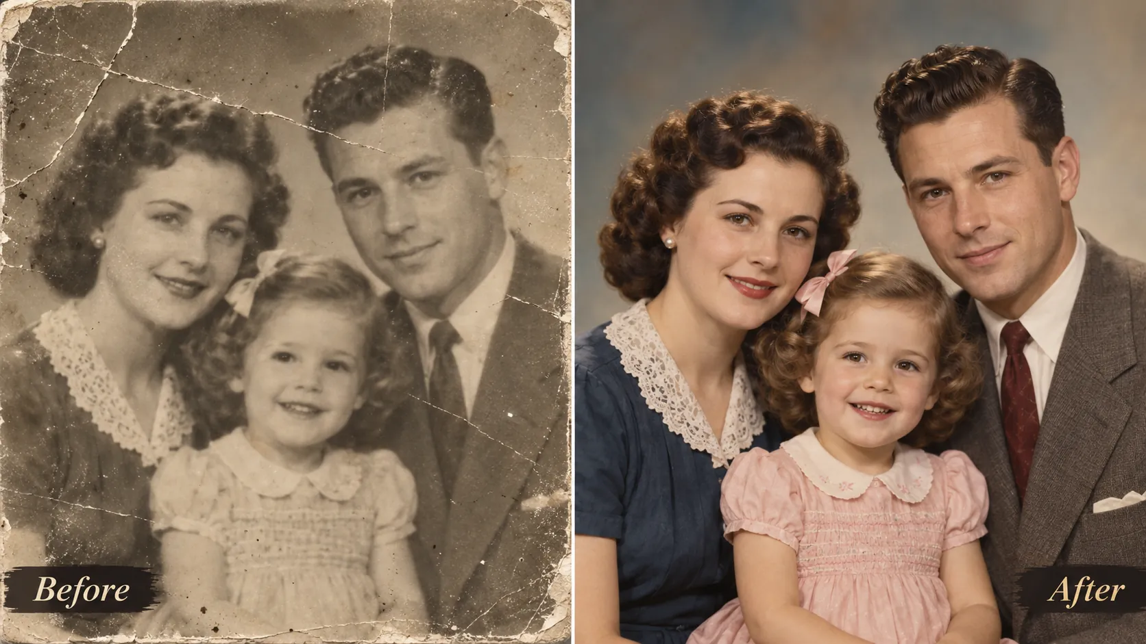 A faded portrait of a young family next to the restored colour version